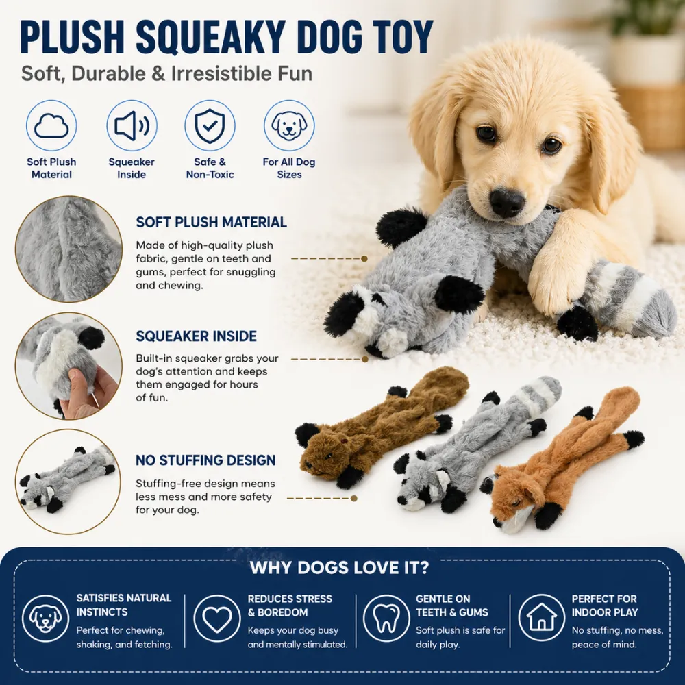 Infographic detailing features: soft plush material, internal squeaker, and no-stuffing mess-free design.