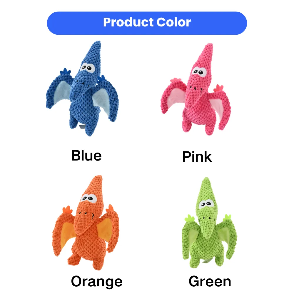 Four colors of pterosaur plush dog toys: Blue, Pink, Orange, and Green with textured corn kernel fabric.