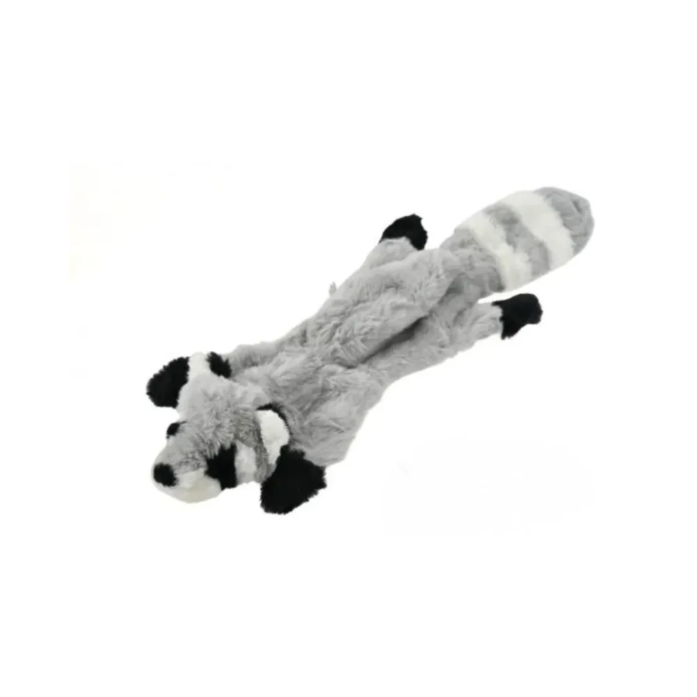 Grey and white raccoon-shaped plush dog toy with striped tail and internal squeaker.
