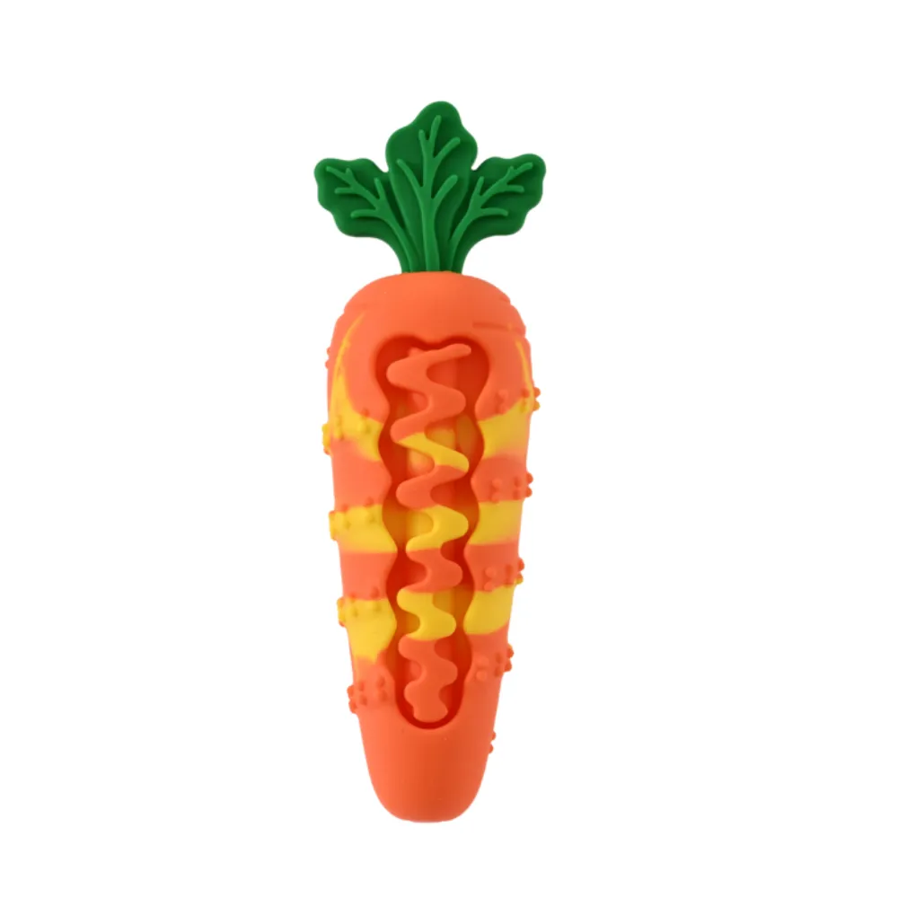 High-resolution studio shot of the orange and yellow striped carrot dog toy with a green top.