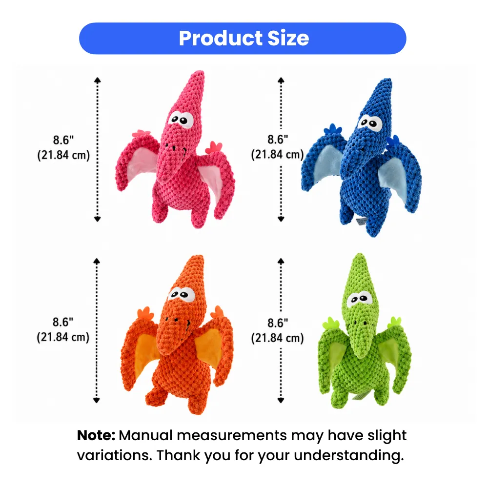 Size chart showing the pterosaur dog toy height at 8.6 inches or 21.84 cm for all color variants.