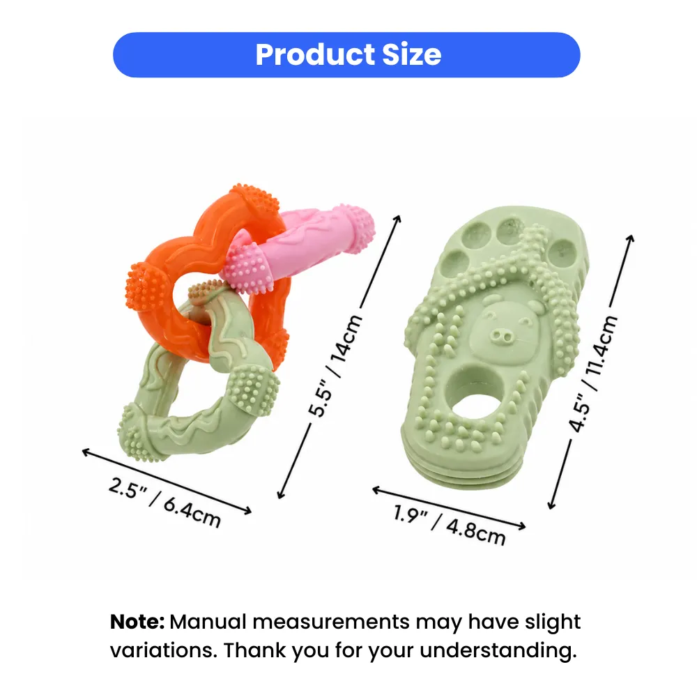 Technical diagram showing dimensions of the interlocking rings (5.5 x 2.5 inches) and slipper toy (4.5 x 1.9 inches).