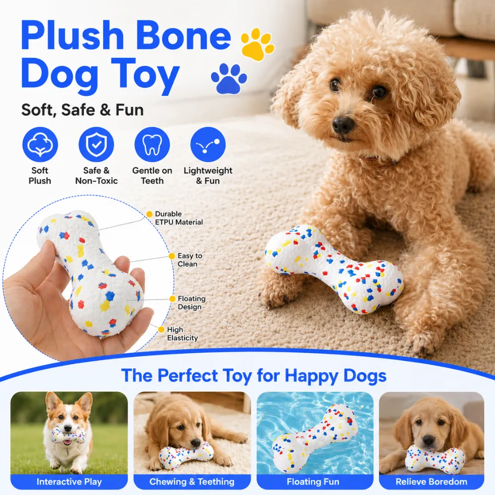 Infographic highlighting features: soft plush feel, non-toxic, gentle on teeth, lightweight, floating design, and high elasticity.