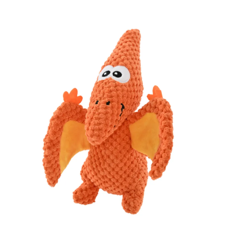 High-quality orange pterosaur interactive dog chew toy with reinforced stitching and soft wings.