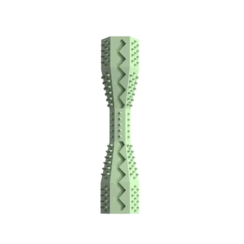 Front view of the green dental chew toy featuring deep ridges and soft cleaning spikes.