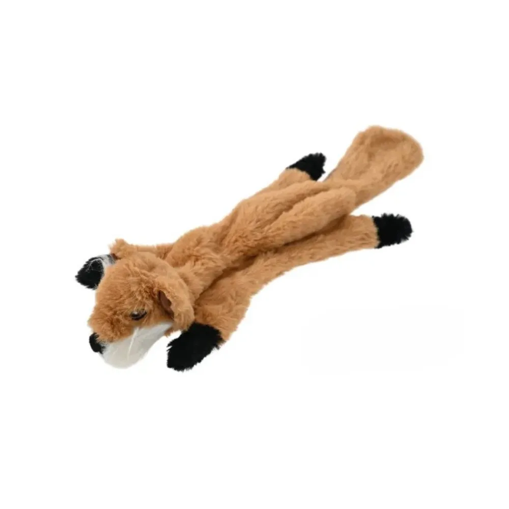 Orange and white fox-shaped plush dog toy, stuffing-free design for aggressive chewers.