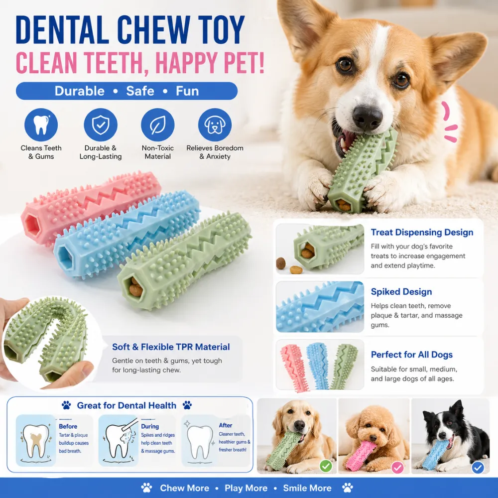 Detailed infographic highlighting treat-dispensing design, spiked texture for plaque removal, and non-toxic TPR material.