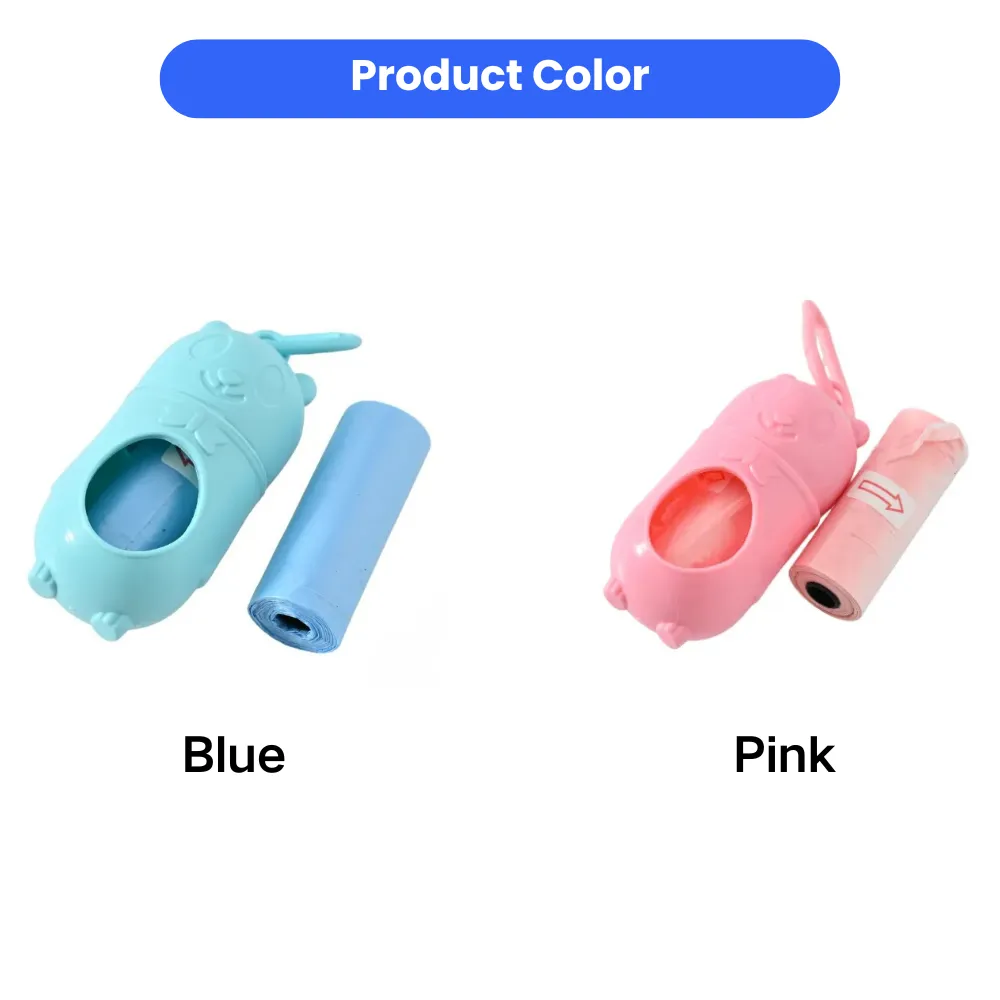 Comparison of the portable pet poop bag dispenser in light blue and soft pink colors.