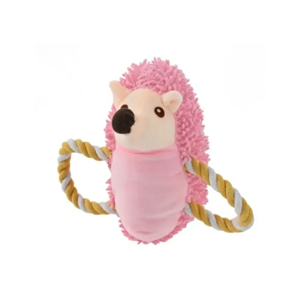 Close-up of the pink hedgehog dog toy showing the textured "spikes" fabric and dual-tone twisted rope handles.