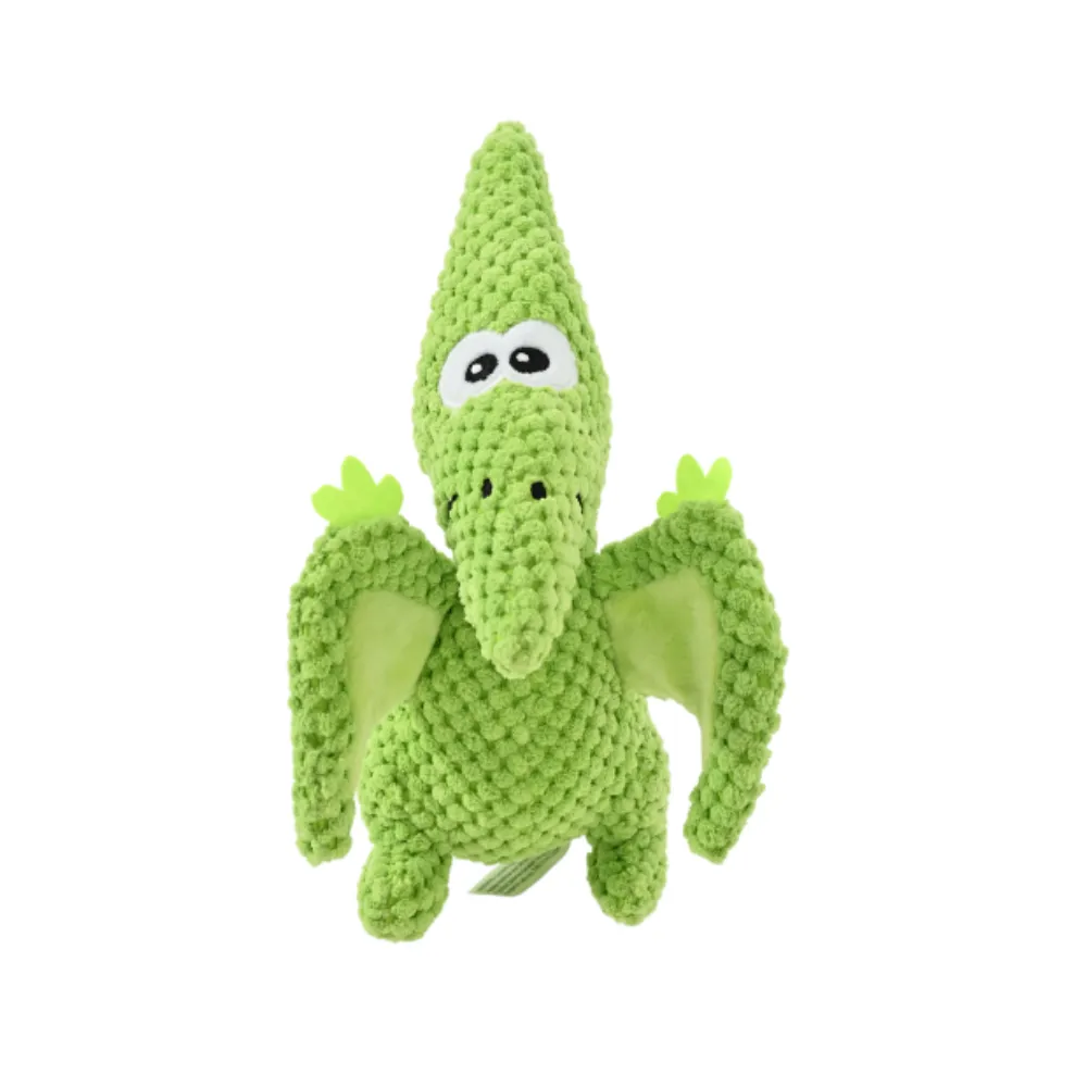 Green pterosaur dinosaur plush dog toy featuring a "corn kernel" texture for enhanced grip and durability.