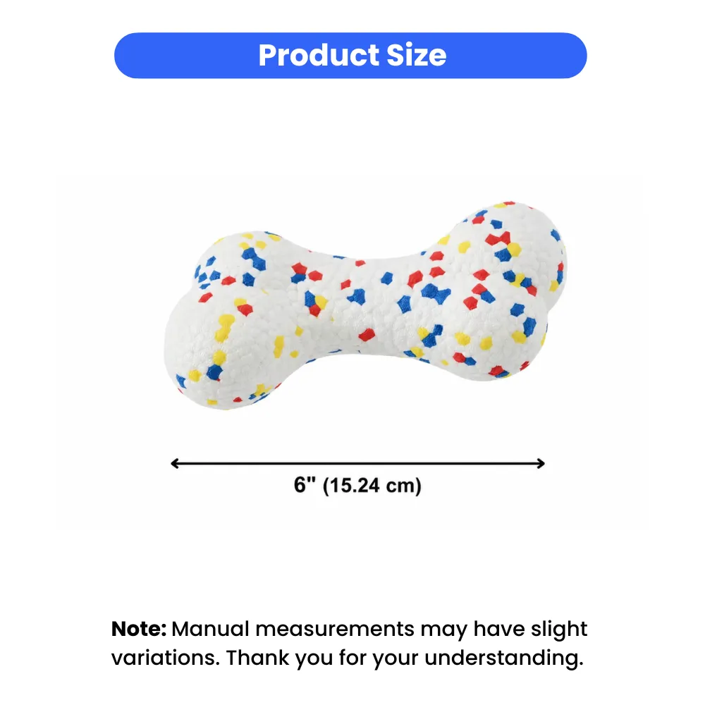 Product dimensions showing the bone dog toy measures 6 inches or 15.24 centimeters in length.