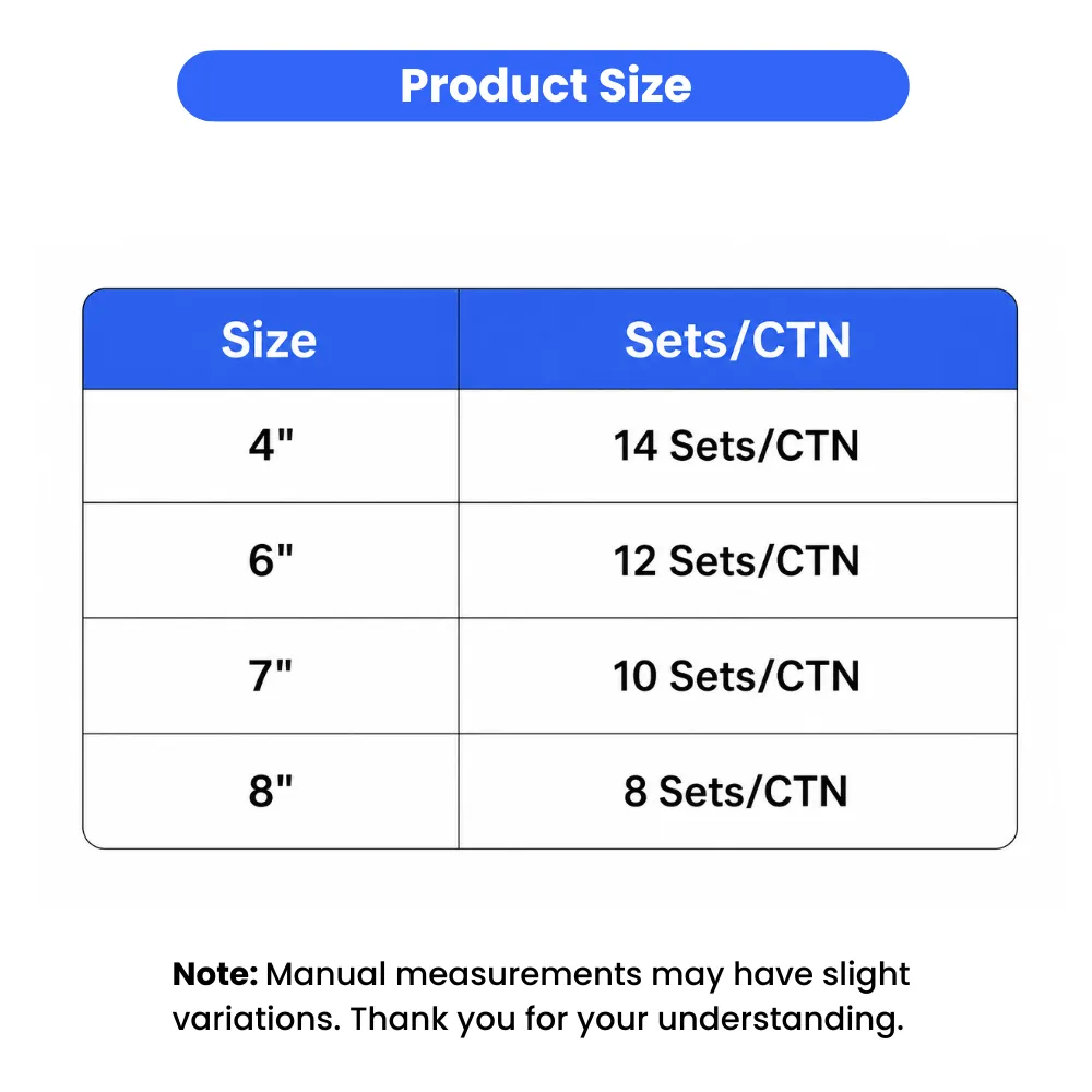 Table showing dog shoe sizes from 4 to 8 inches and corresponding sets per carton for bulk orders.