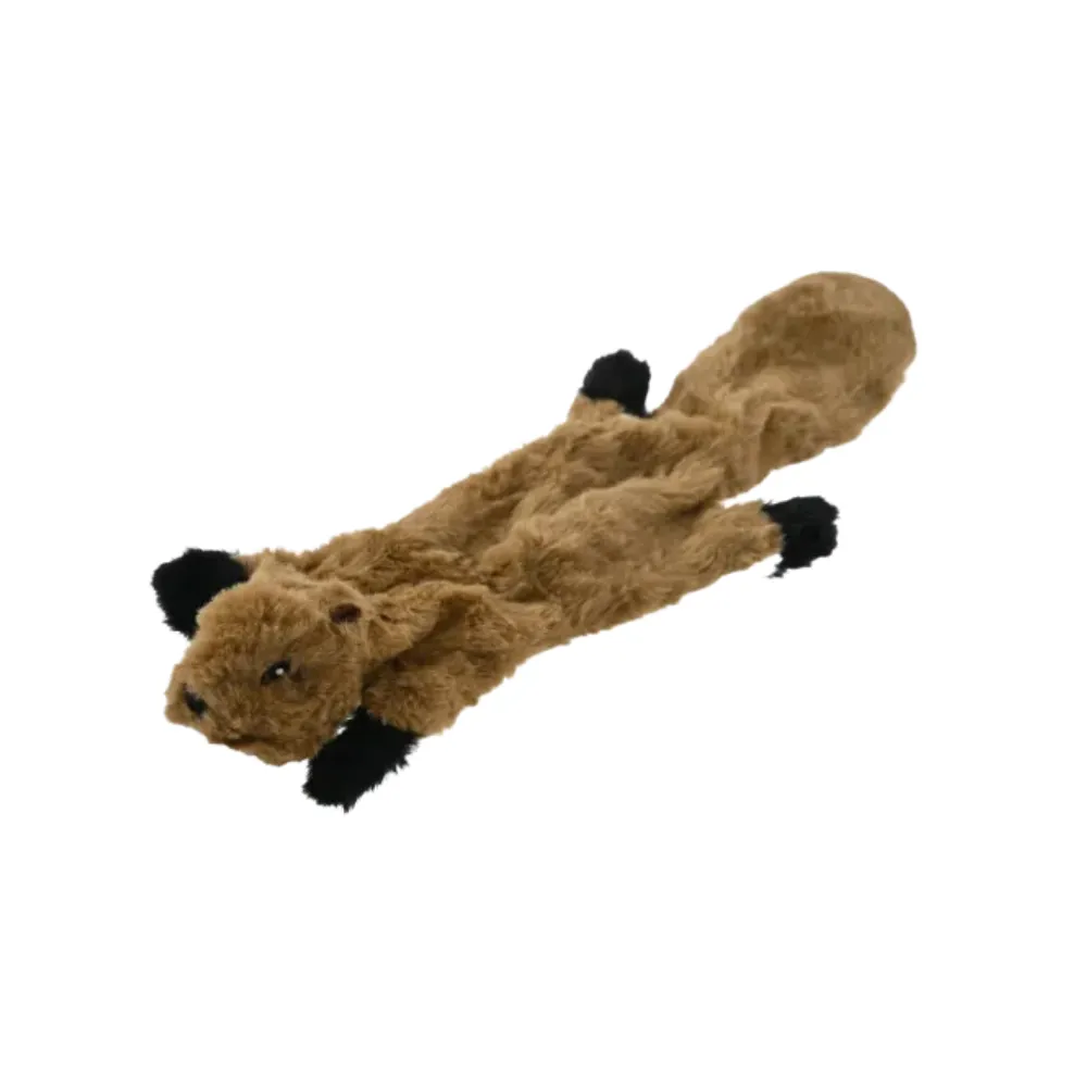 Realistic brown squirrel-shaped plush dog toy with black paws and no stuffing.