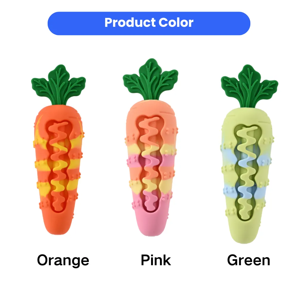 Three dog chew toys in vibrant orange, pink, and lime green colorways with green leafy tops.