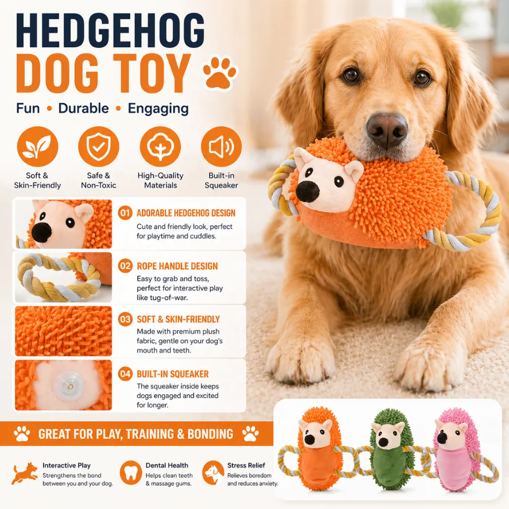 Infographic showing dog toy features: built-in squeaker, soft skin-friendly fabric, rope handle design, and dental health benefits.