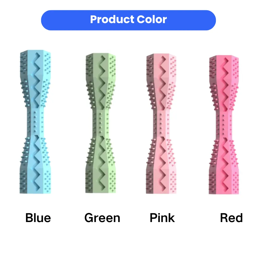 A display of the four available colors for the pet dental toy: Blue, Green, Pink, and Red.
