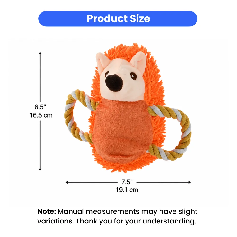 Product size chart for hedgehog dog toy showing height of 6.5 inches (16.5 cm) and width of 7.5 inches (19.1 cm).
