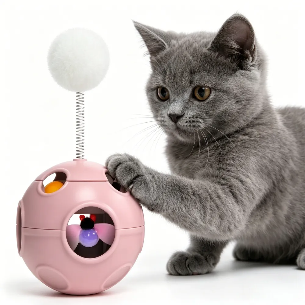 Grey British Shorthair Kitten with Pink Interactive Toy A grey British Shorthair cat sitting next to a pink interactive toy ball with a white pom-pom on a spring.