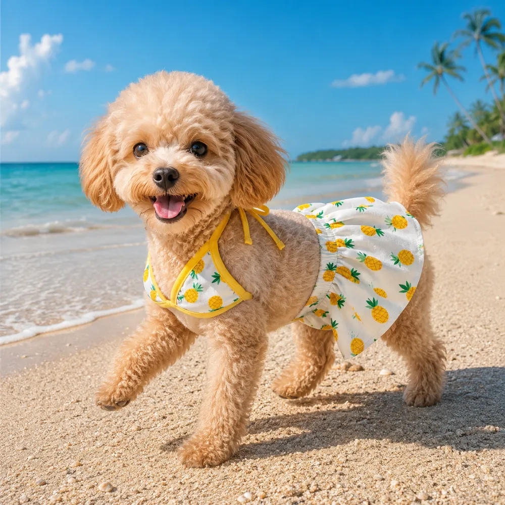 Cute small dog wearing pineapple print bikini swimsuit walking on beach summer pet apparel