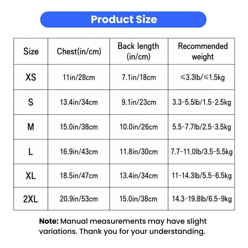 Size chart for leopard print dog suspender dress with chest, back length and recommended weight guide