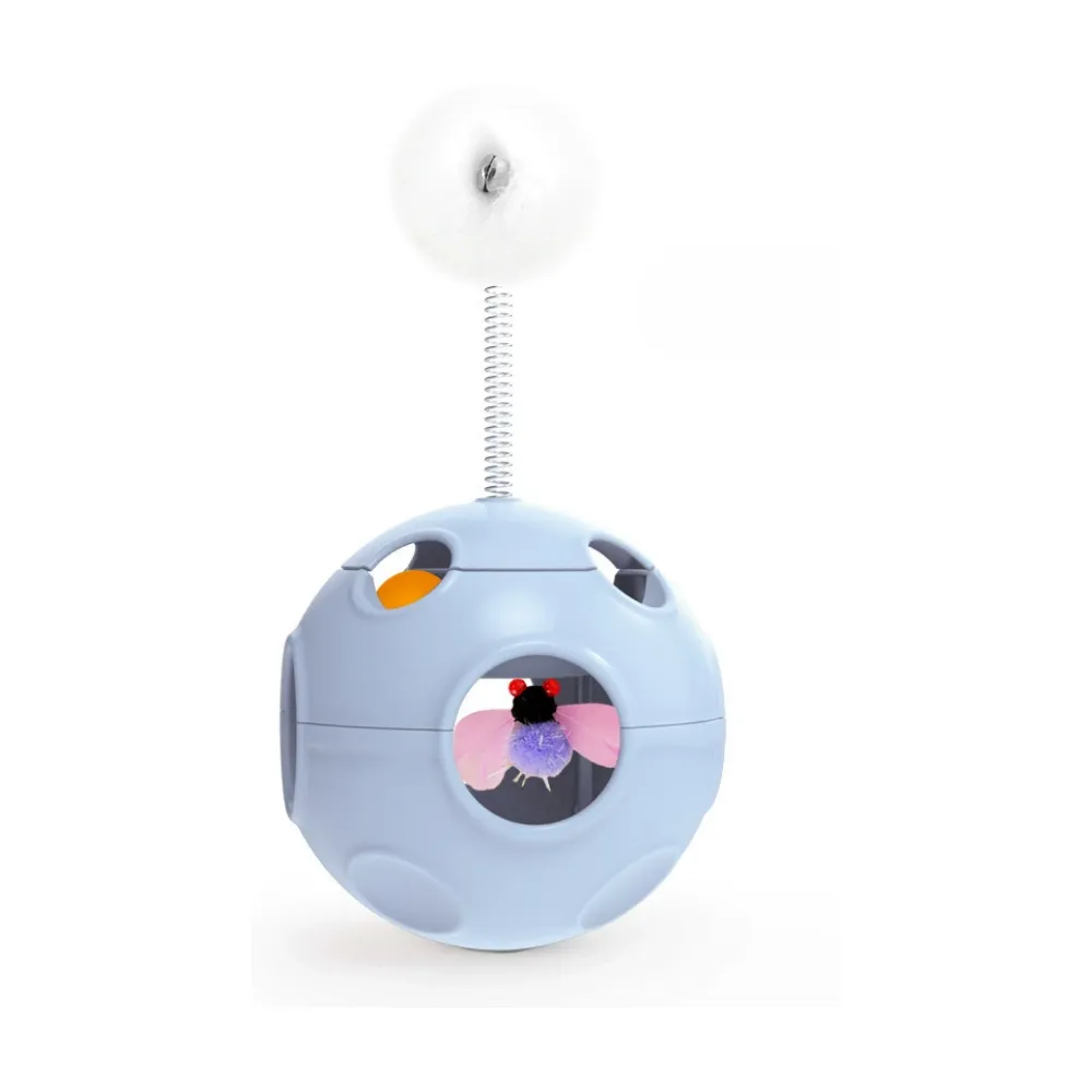 Sky Blue Interactive Chasing Toy for Cats A high-quality 3D render of the sky blue interactive cat toy featuring a spring-mounted pom-pom and internal bug toy.