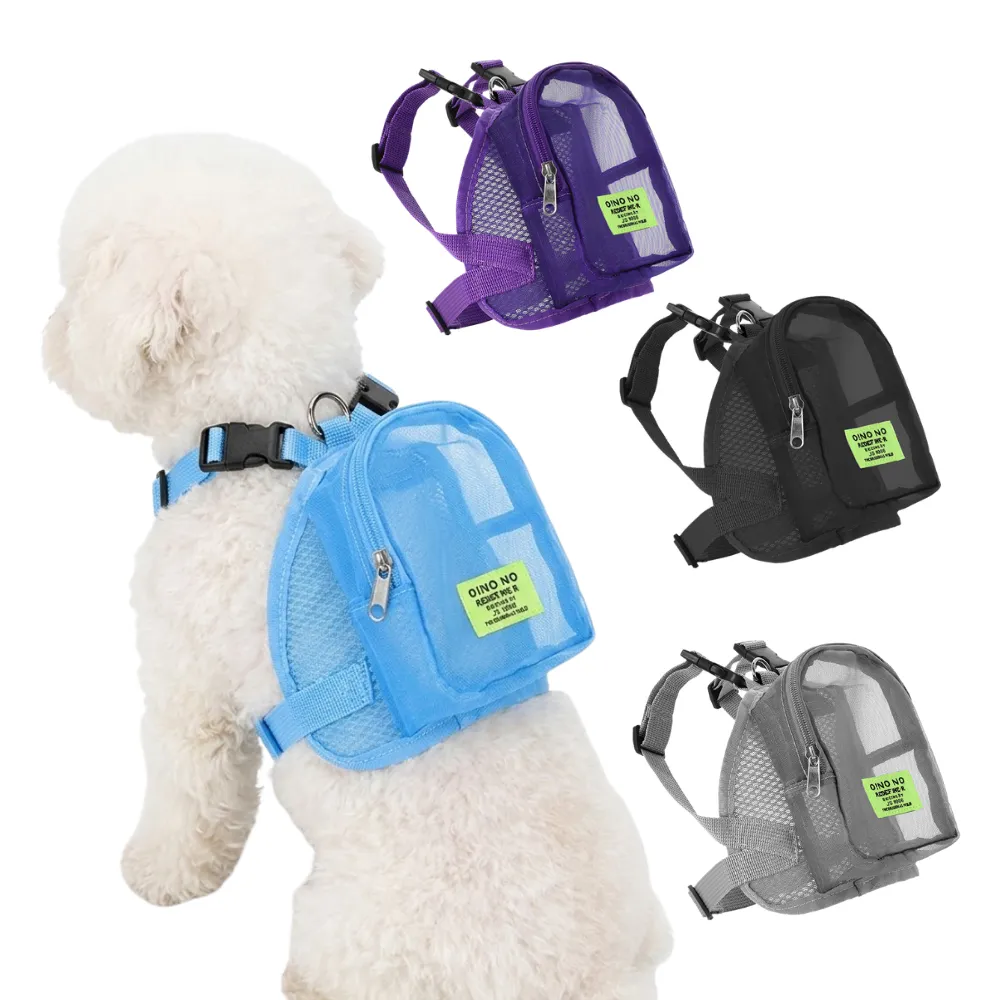 Small-Dog-Backpack-Harness-Multi-Color-Pack-Petfairs A white poodle wearing a blue mesh backpack harness alongside purple, black, and gray color options on a white background.