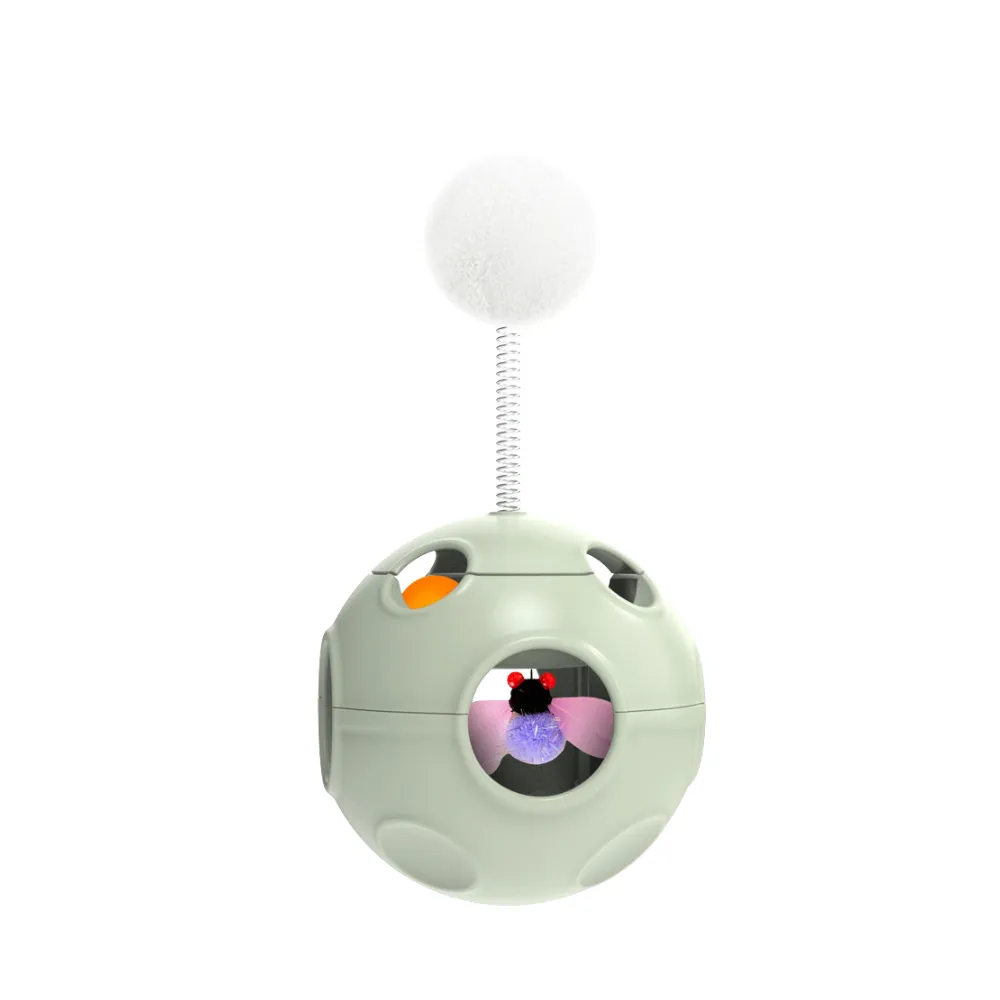 Mint Green Interactive Chasing Toy for Cats A high-quality 3D render of the mint green interactive cat toy featuring a spring-mounted pom-pom and internal bug toy.