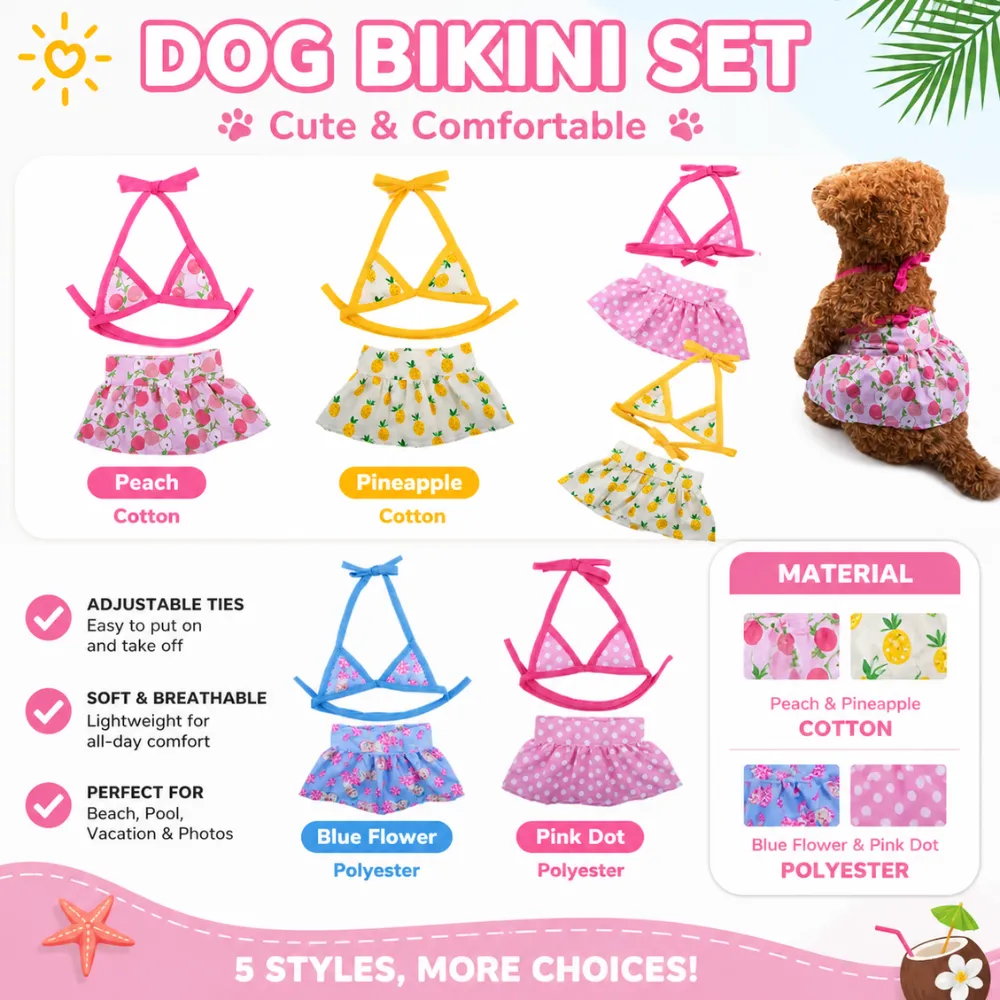 Cute dog bikini set with adjustable ties soft breathable material summer beach pet clothes multiple styles
