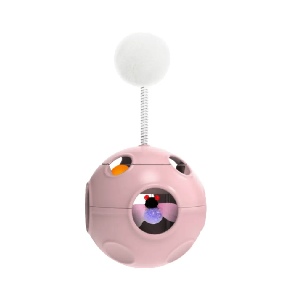 Cherry Pink Interactive Chasing Toy for Cats A high-quality 3D render of the cherry pink interactive cat toy featuring a spring-mounted pom-pom and internal bug toy.
