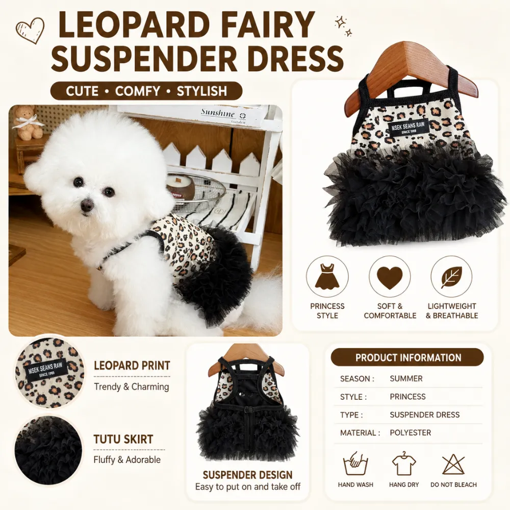 Leopard fairy suspender dog dress product detail image showing breathable fabric and fluffy tutu skirt