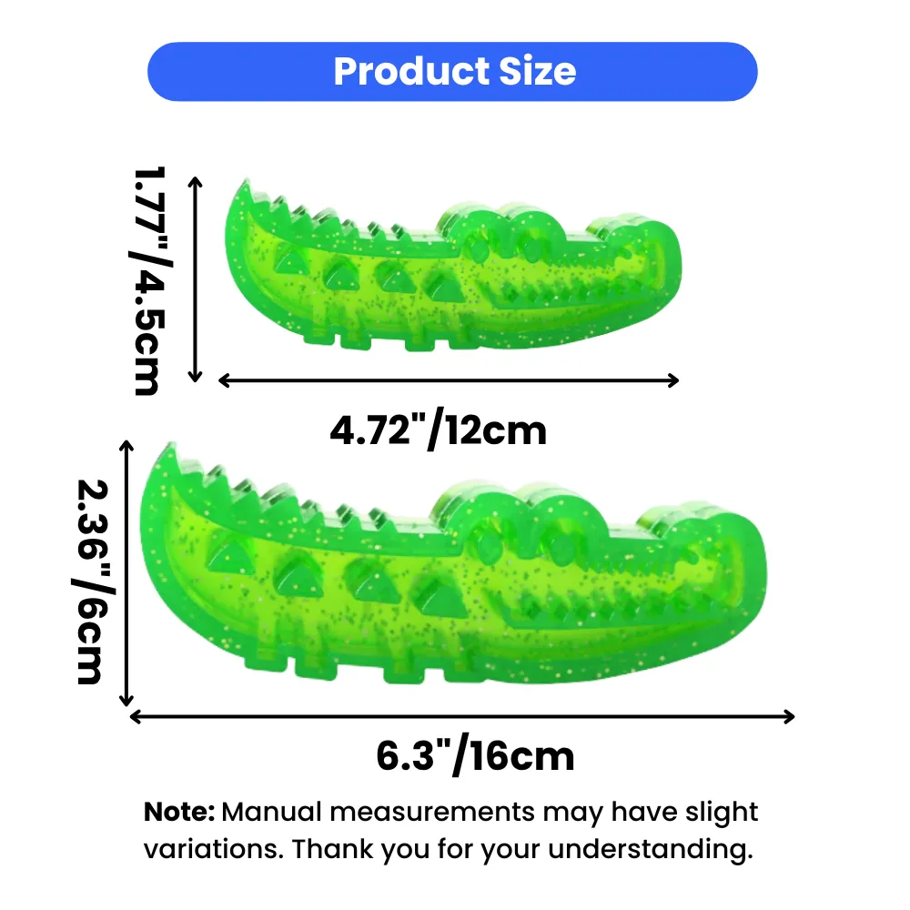 Infographic showing dimensions for the small (4.72 inches) and large (6.3 inches) crocodile dental toys.