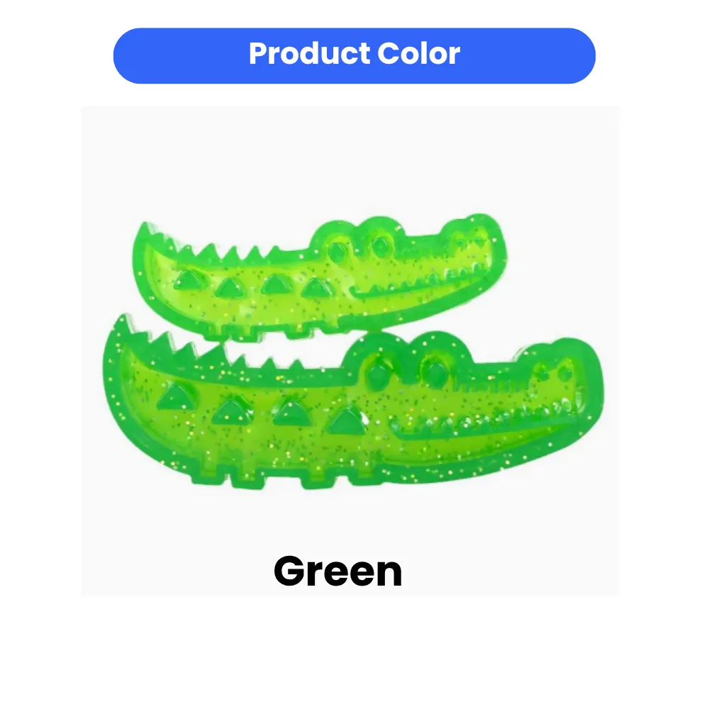 Bright green crocodile dog toy featured as the primary color option for pet owners.