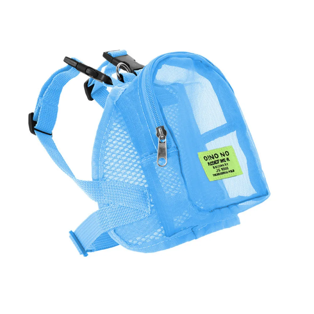 Blue-Small-Dog-Backpack-Harness-Petfairs A blue mesh backpack harness for small dogs featuring adjustable straps and a secure quick-release buckle on a white background.