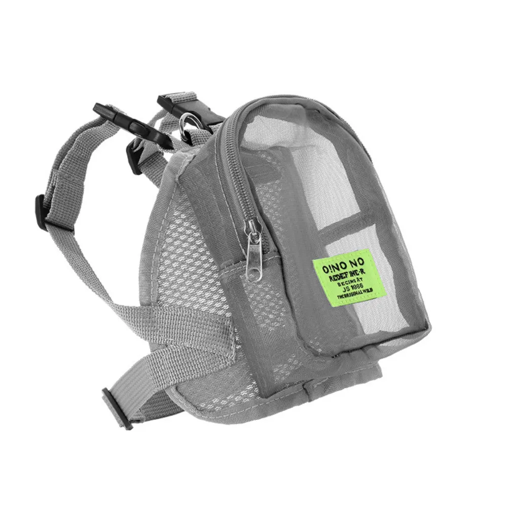 Grey-Small-Dog-Backpack-Harness-Petfairs A grey mesh puppy harness backpack featuring double adjustable straps and a secure alloy leash attachment ring.