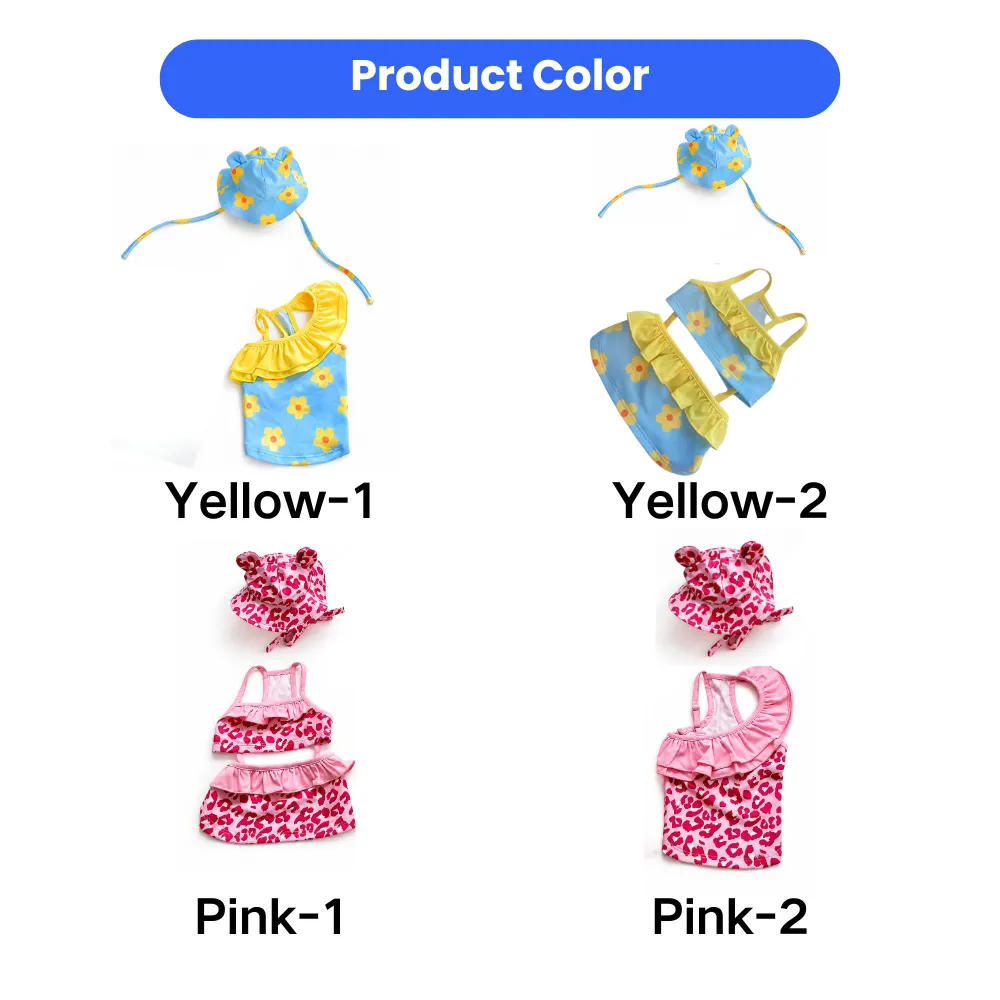 Blue floral and pink leopard print dog swimsuit bikini sets with matching pet hats in multiple styles