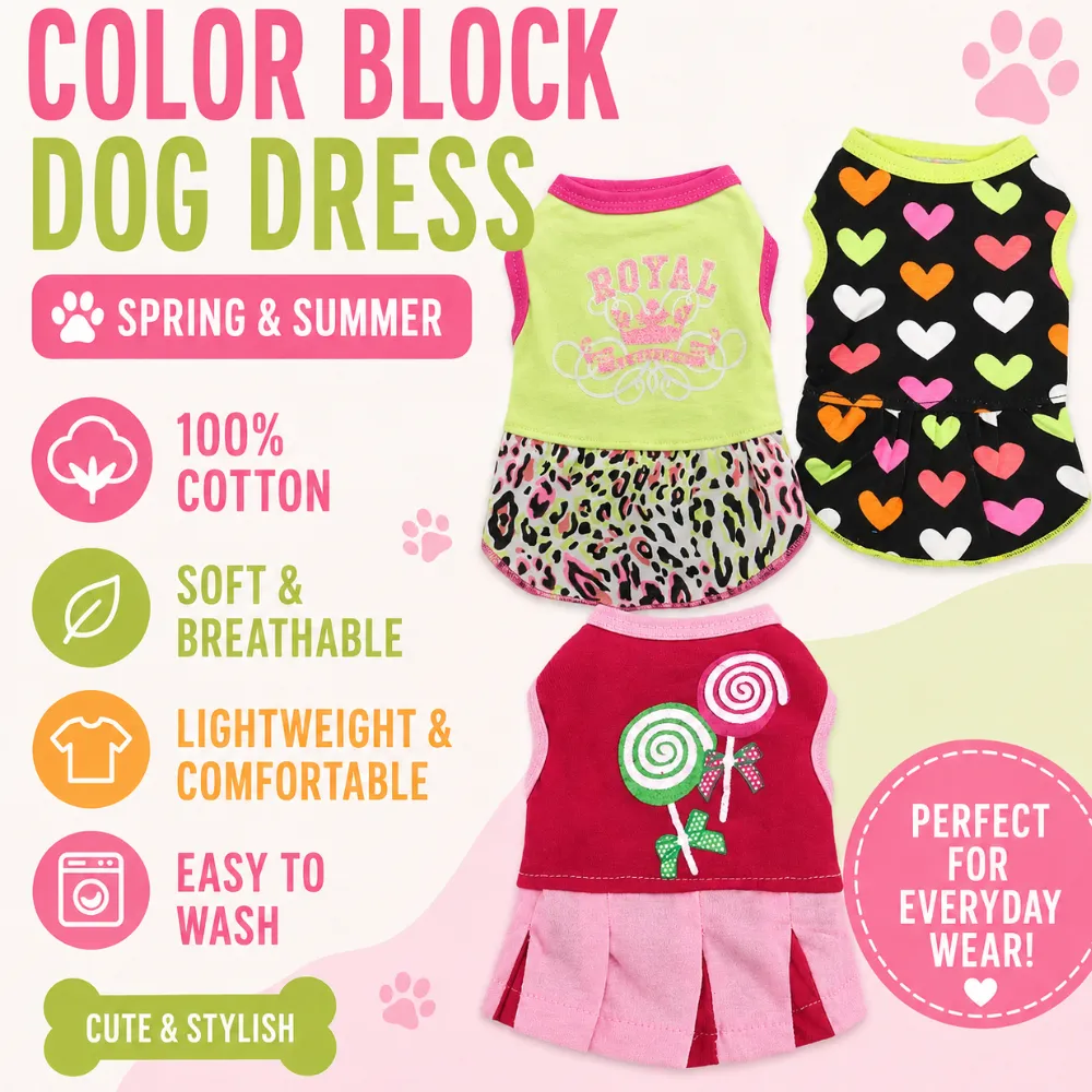 Color block dog dresses made of soft cotton fabric for small dogs and puppies