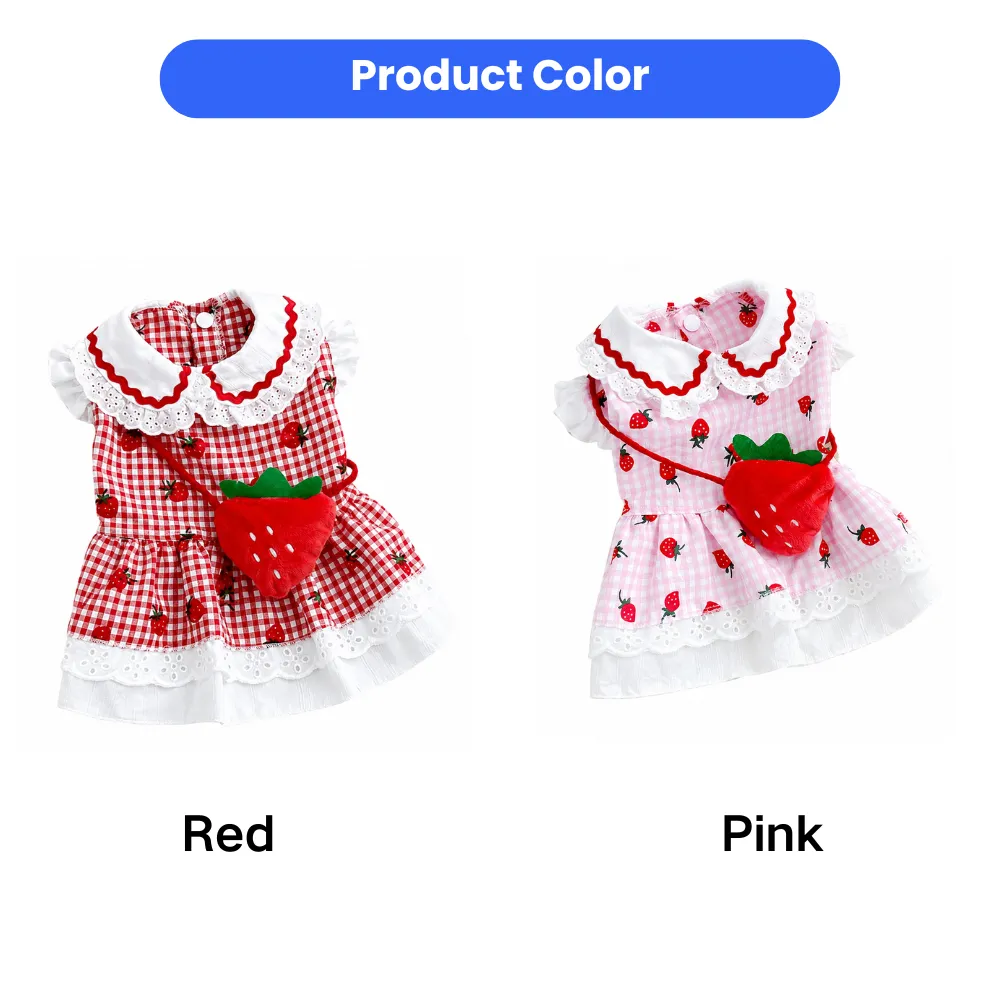 Red and pink strawberry print dog dresses with lace trim and mini strawberry bag for small pets