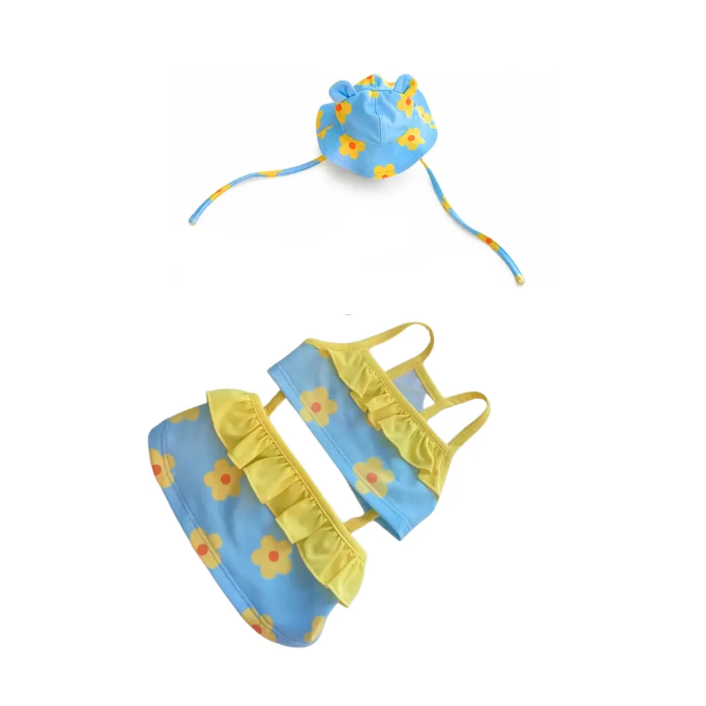 Blue flower print two piece dog bikini swimsuit with yellow ruffle trim and matching hat