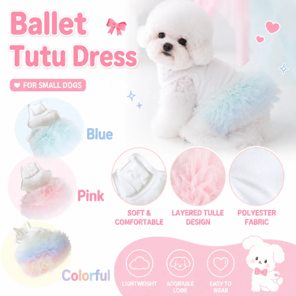 Small white dog wearing a blue ballet tutu dress with layered tulle skirt and soft polyester fabric