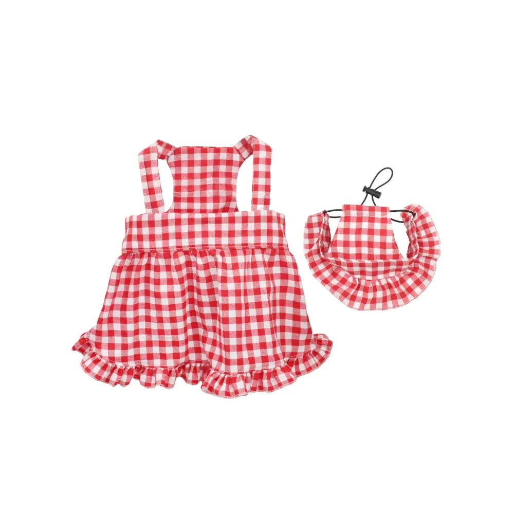 Red plaid dog dress and matching bonnet isolated on white background