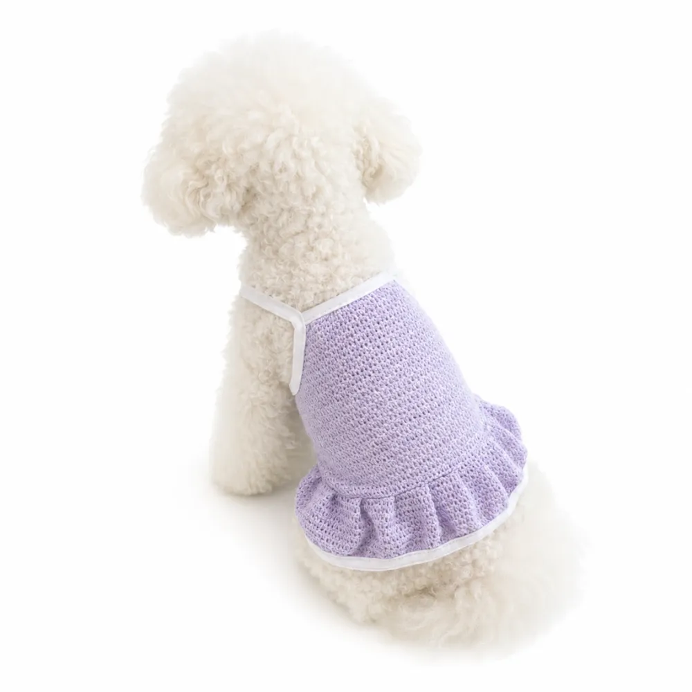 Purple Mesh Cooling Dog Suspender Dress for Small Dogs Small dog wearing purple mesh cooling suspender dress with breathable ruffle design for summer