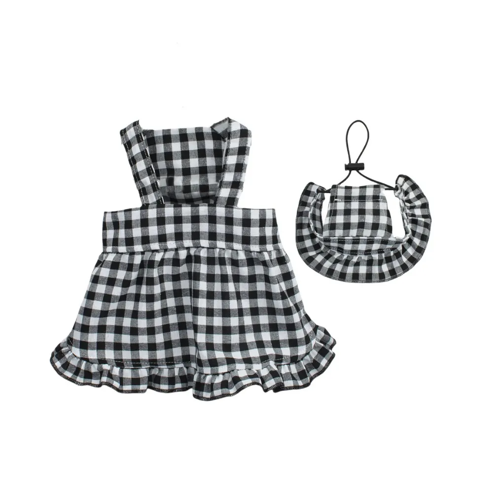Black plaid dog dress and matching hat isolated on white background