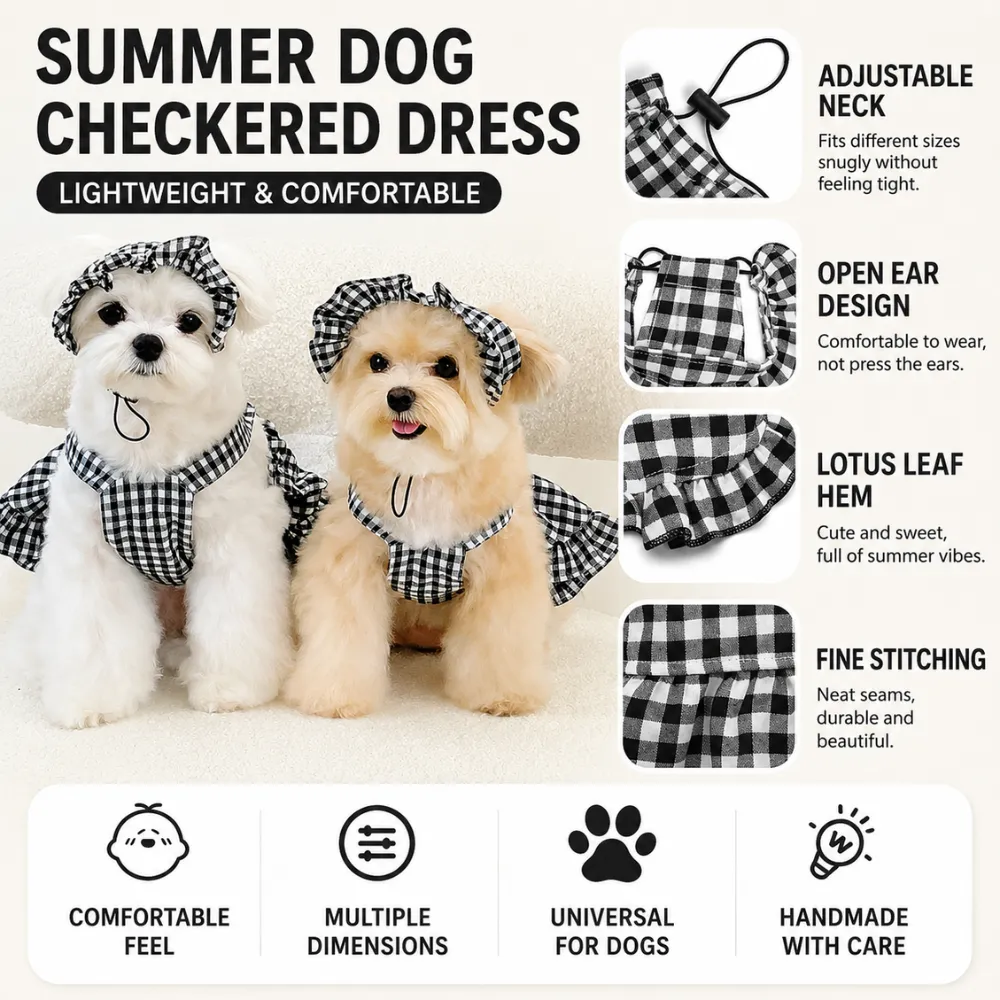 Two small dogs wearing black checkered summer dresses with matching hats indoors