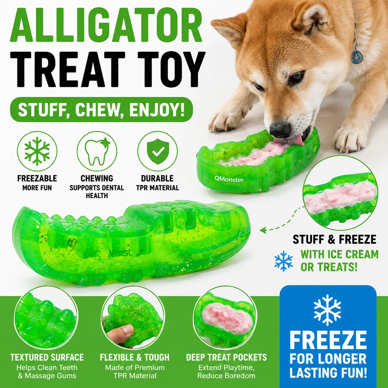Green alligator-shaped freezable dog treat toy with ice cream filling and dental chew features for dogs