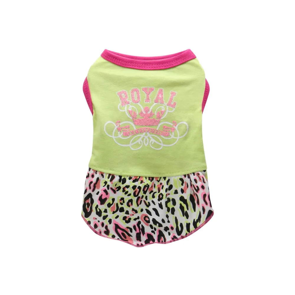 Green dog dress with leopard print skirt and royal crown design