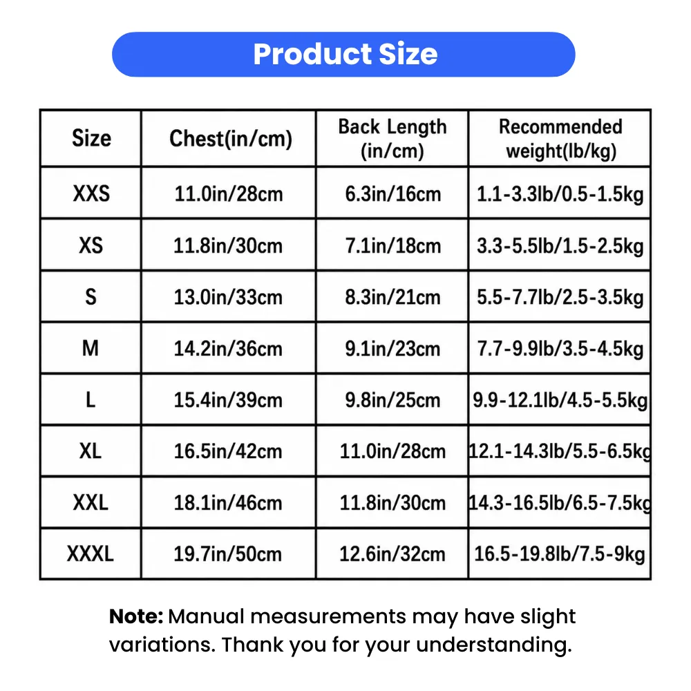 Size chart for small dog ballet tutu dresses with chest back length and recommended weight measurements