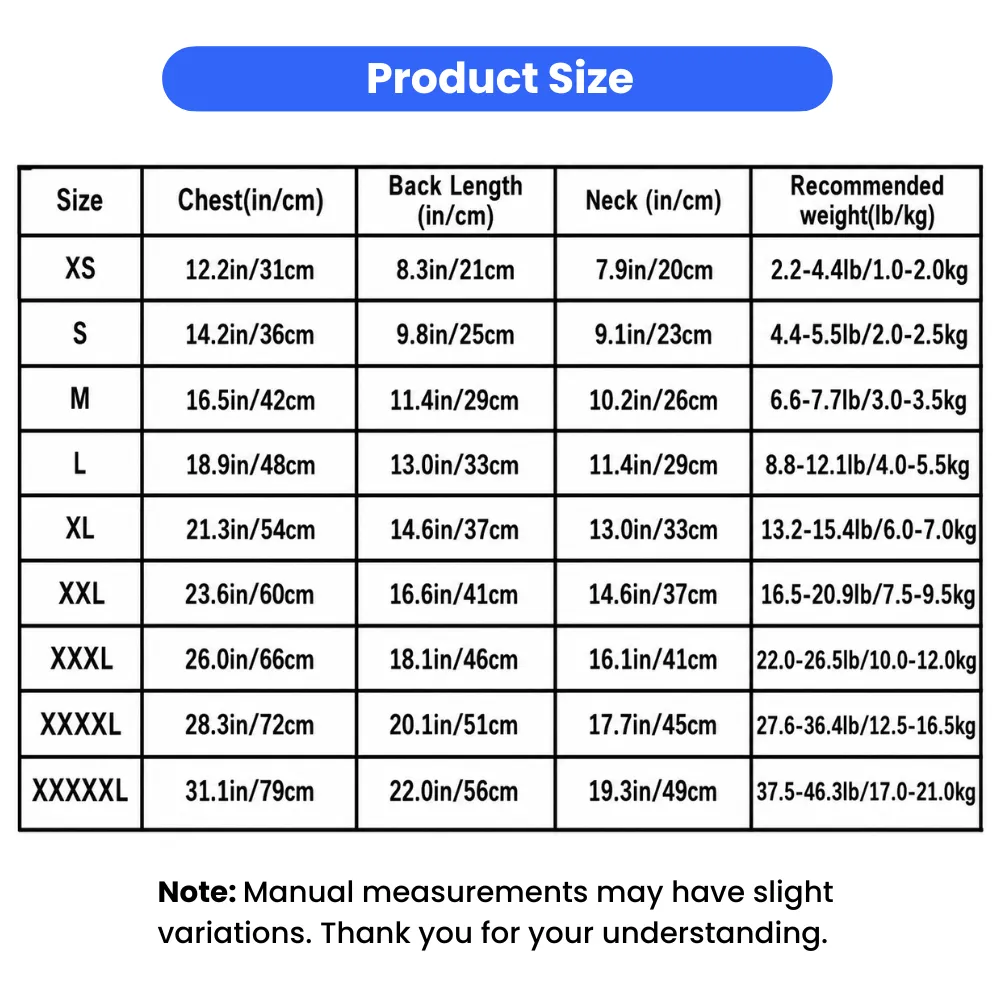 Size chart for strawberry print dog dress including chest, back length, neck size, and recommended weight