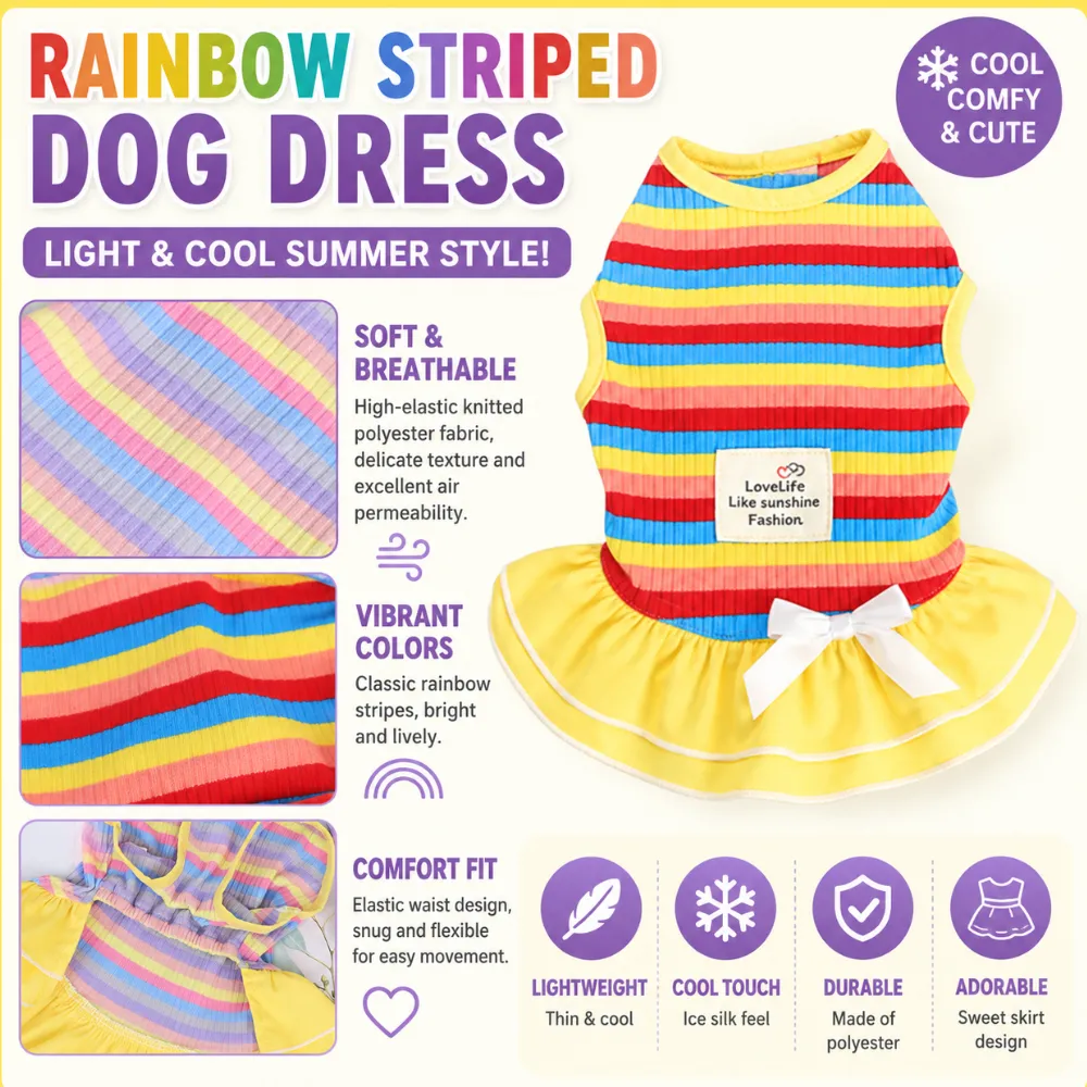 Rainbow striped dog dress with breathable polyester fabric, lightweight design, and cooling summer features