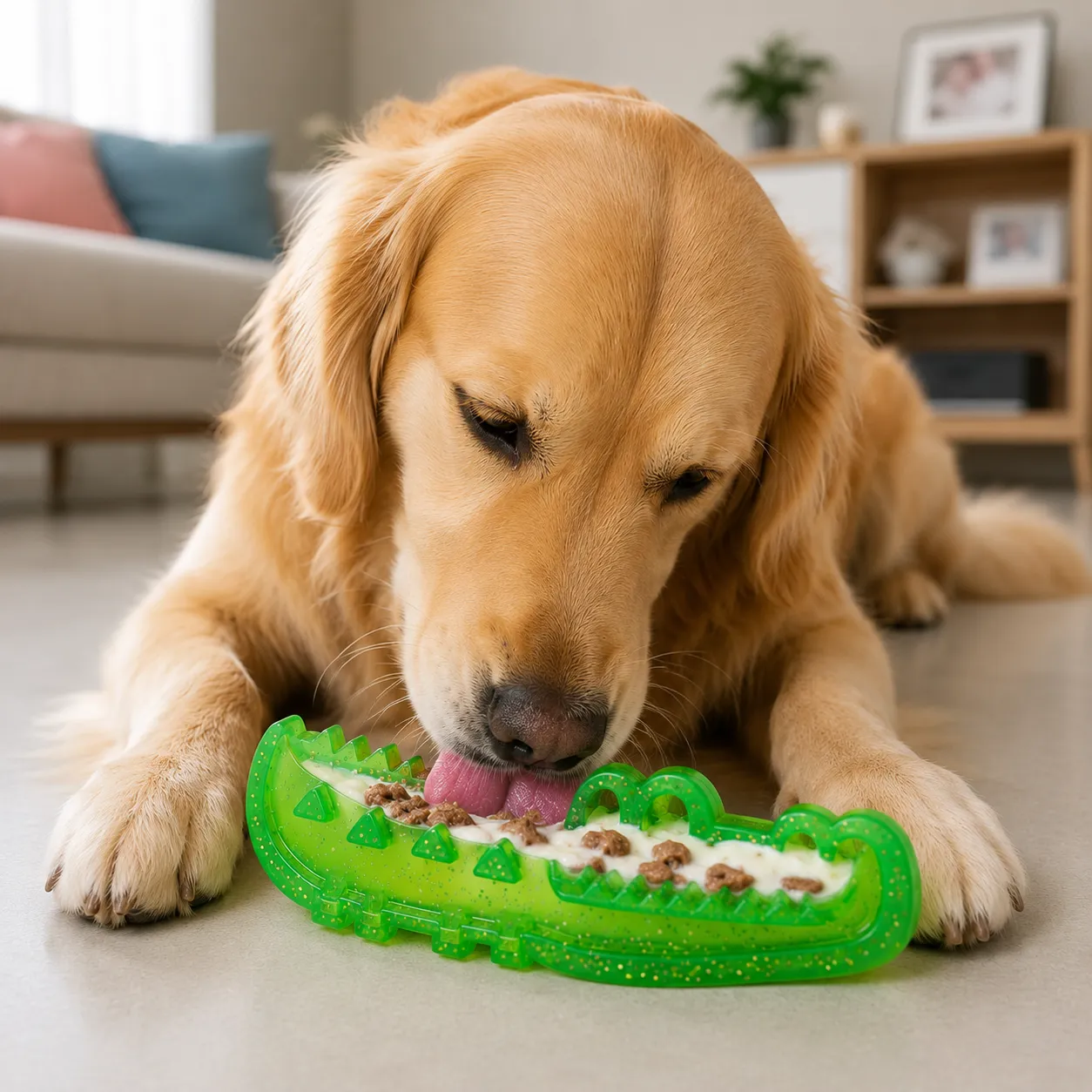 Golden retriever licking a green alligator-shaped frozen treat dog toy filled with yogurt and snacks indoors