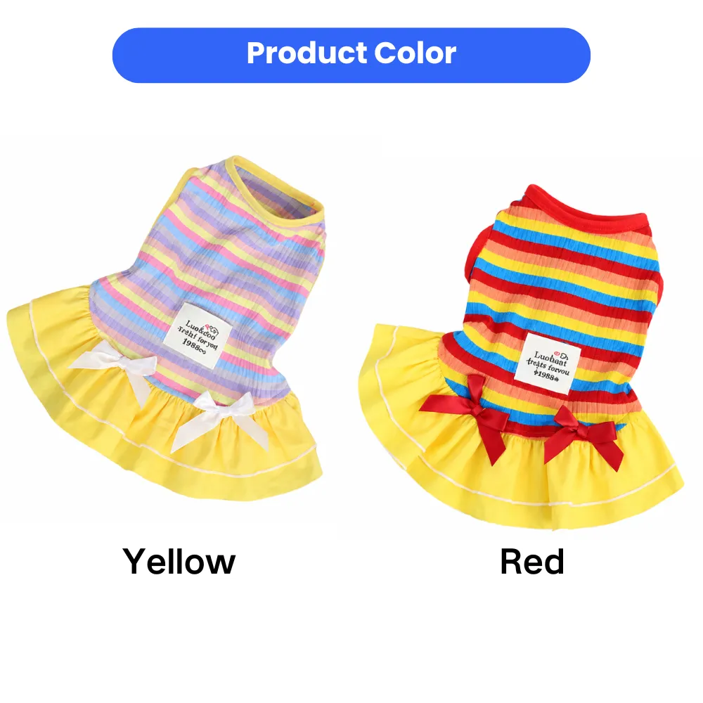 Two rainbow striped dog dresses in yellow and red color options for small dogs and cats
